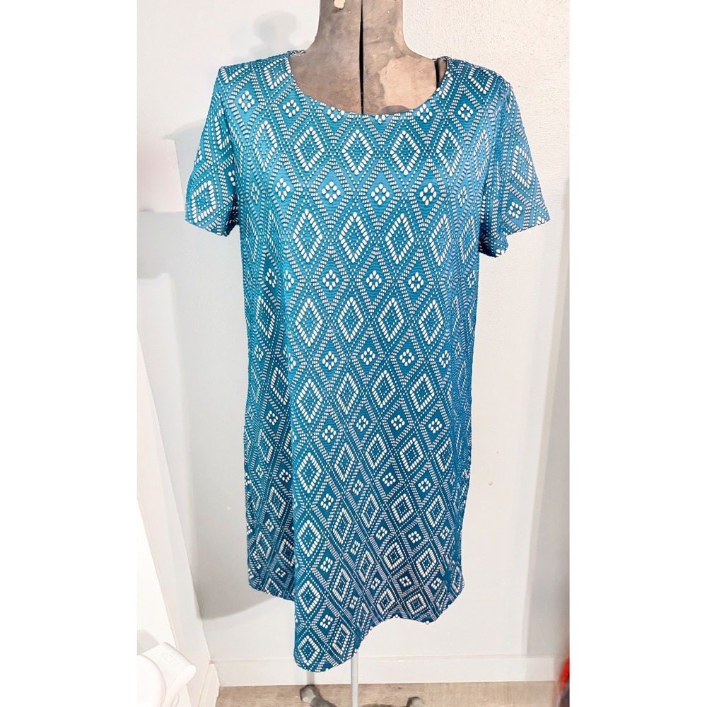 Everly Women blue White Geometric Diamond Shift Dress Short Sleeve Size L DR6278